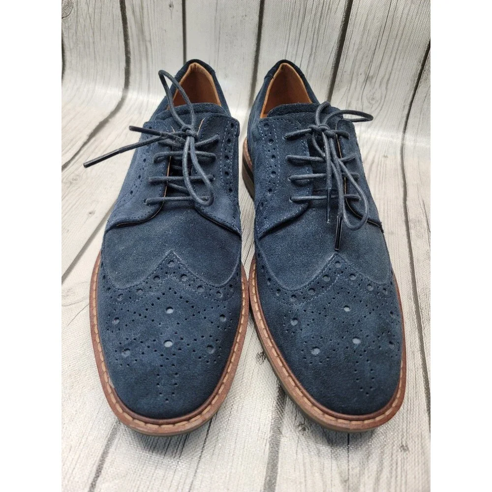 ECCO Vitrus Mens 7 US Navy Blue Suede Leather Wingtip Tie Oxford Brogues Shoes